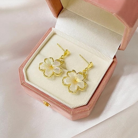 Gold-plated Heart Enamel Flower drop earrings with silver post BOGO - Picture 5 of 11